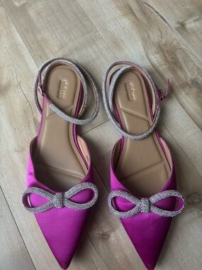 Bibi lou Fuchsia Satin Pointed Toe Flats with Crystal Bow & Ankle Strap